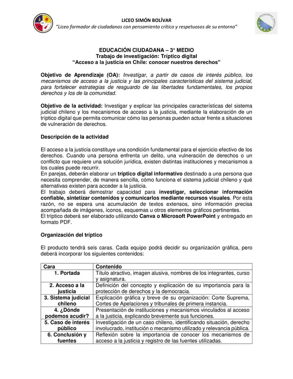EC 3° MEDIO - Trabajo Tríptico digital “Acceso a la justicia en Chile: conocer nuestros derechos”