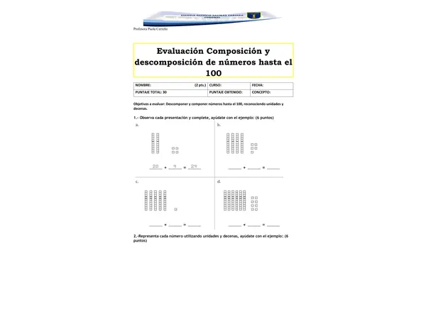 Evaluación composición y descomposición de números hasta el 100