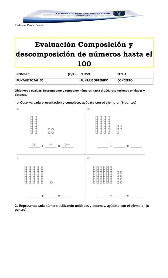 Evaluación composición y descomposición de números hasta el 100