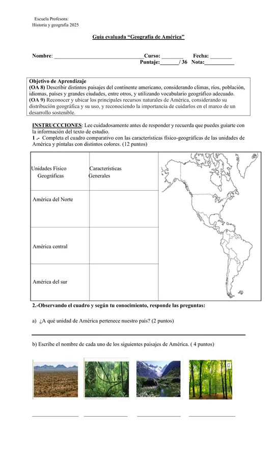 Guía evaluada "Geografía de América" Cuarto básico