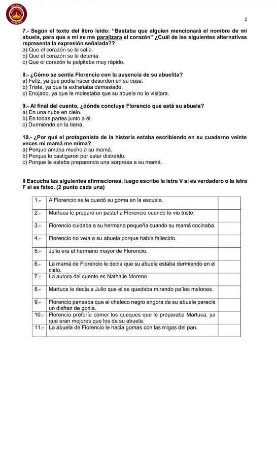 Prueba Plan lector La abuela de Florencio