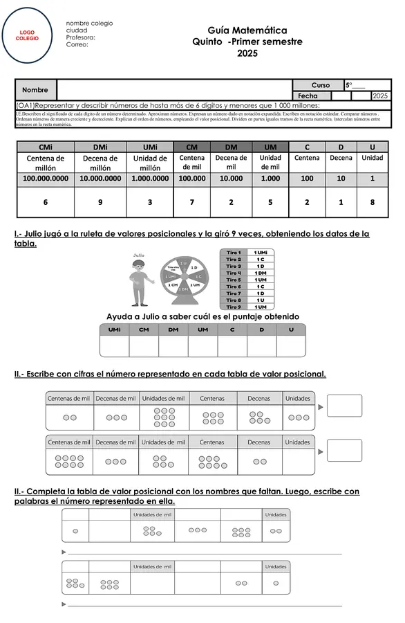 Guía Matemática 5° Básico  Valor posicional, comparación y aproximación de números grandes (OA 1)