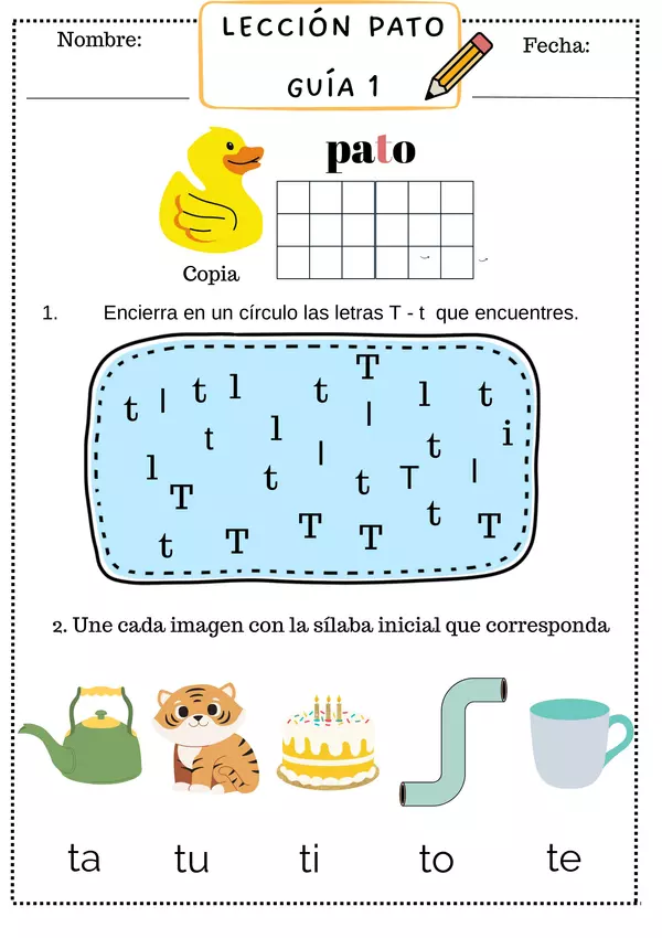 Guías lección Pato "letra t" método matte.