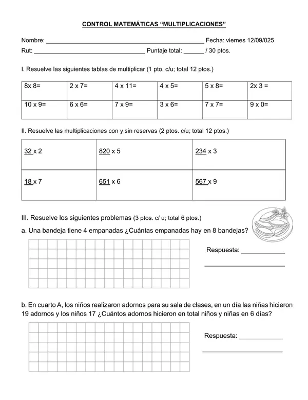 Breve control multiplicaciones con reservas 4° año