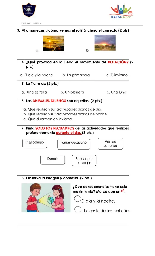 Evaluación 1 Básico Ciencias Naturales Ciclo del día y la noche y estaciones del año