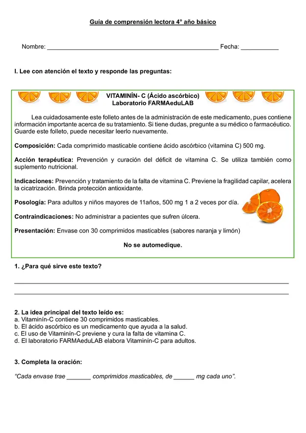 Guía de comprensión lectora "Vitamina C" 4° año.