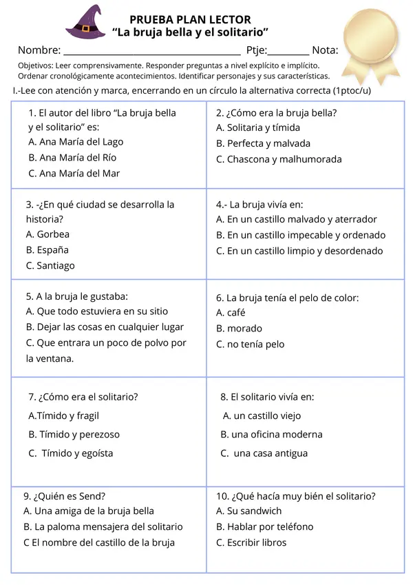 Prueba Evaluación Plan Lector, La bruja bella y el solitario