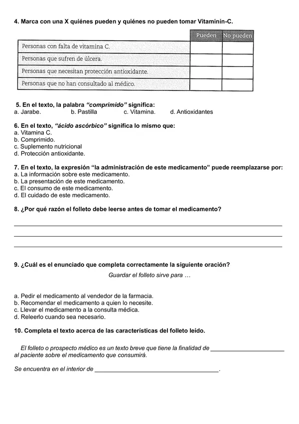 Guía de comprensión lectora "Vitamina C" 4° año.