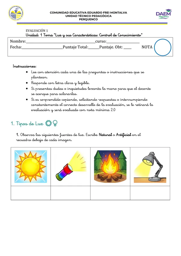 Evaluación luz y sus características 
