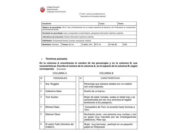 Prueba Asesinato en el Canadian Express - 6to básico