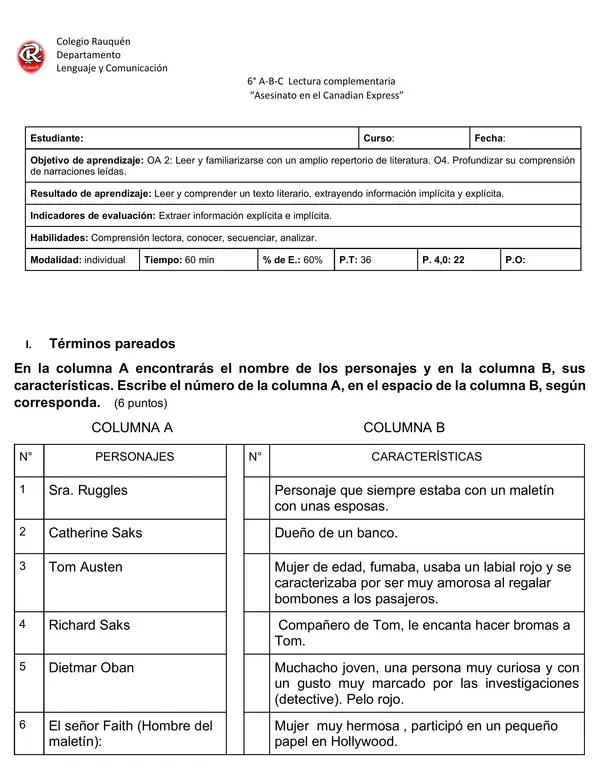 Prueba Asesinato en el Canadian Express - 6to básico