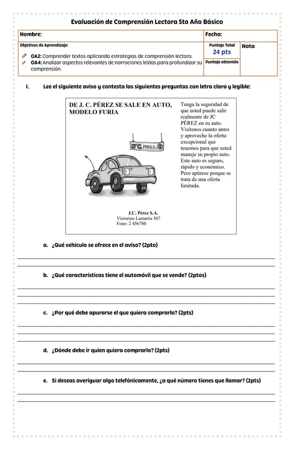 EVALUACIÓN: COMPRENSIÓN LECTORA 5TO BÁSICO