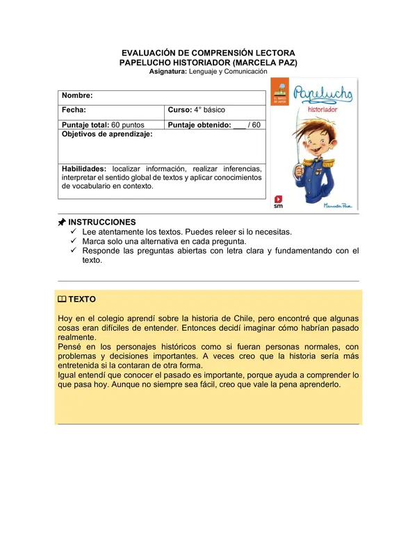 Prueba del libro "Papelucho Historiador" (Marcela Paz)