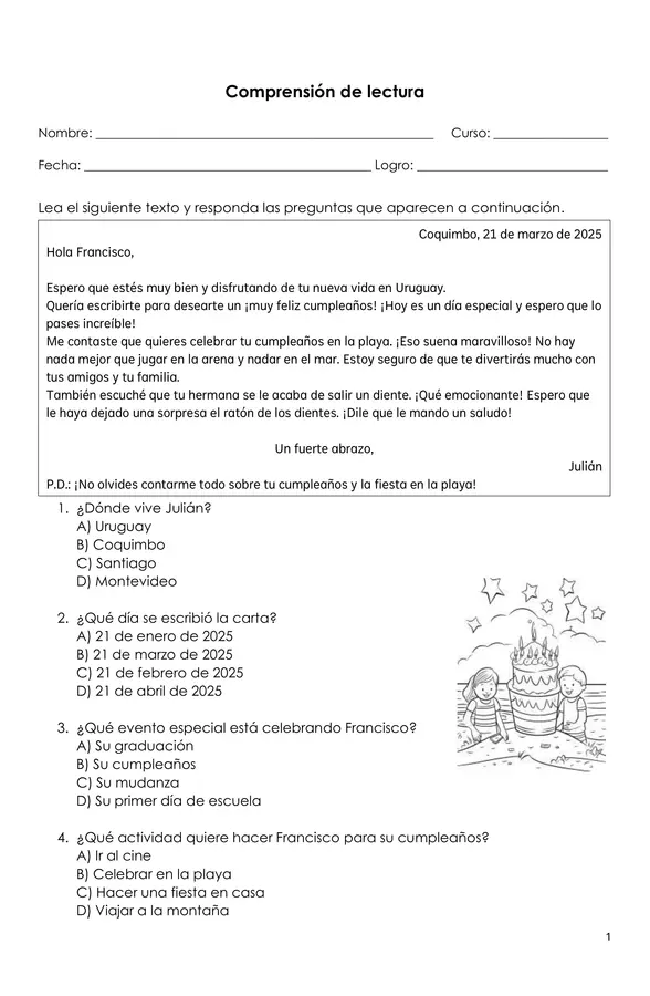 Comprensión de lectura (Carta)
