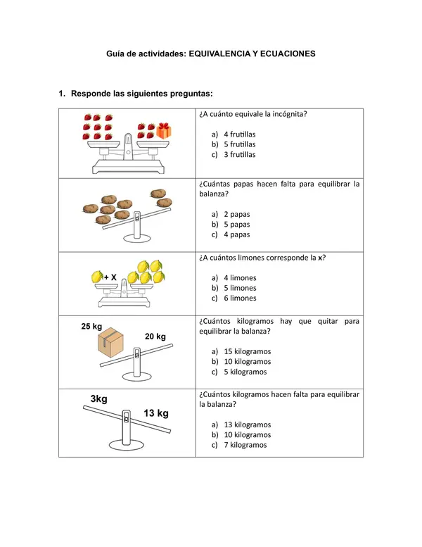 Guía de actividades: Equivalencias y Ecuaciones. 