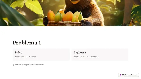 Problemas de sumas de 2 dígitos con el libro de la selva