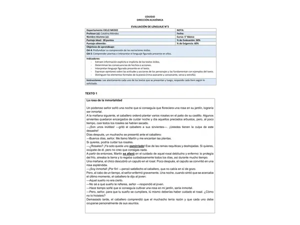 Evaluación lenguaje y comunicación 5°B