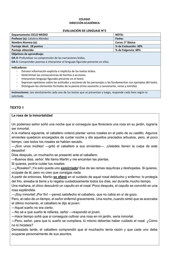 Evaluación lenguaje y comunicación 5°B
