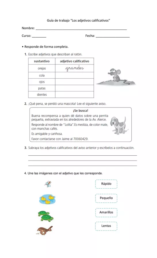 Guía De Trabajo “Los Adjetivos Calificativos” Segundo Basico , Lenguaje ...