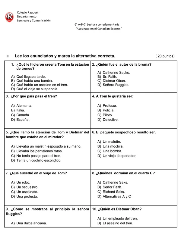 Prueba Asesinato en el Canadian Express - 6to básico