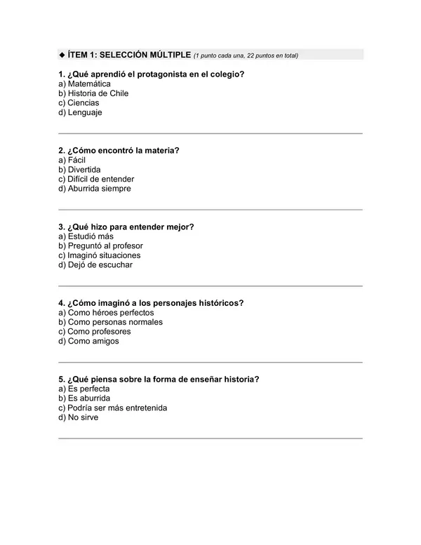 Prueba del libro "Papelucho Historiador" (Marcela Paz)