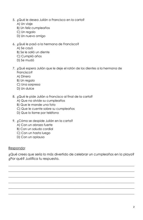 Comprensión de lectura (Carta)
