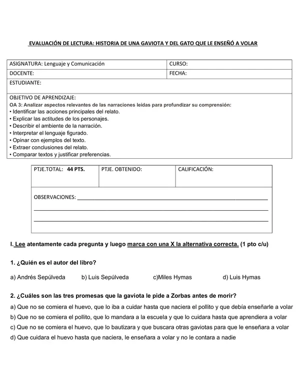 ''Evaluación escrita, Historia de una gaviota y del gato que le enseñó a volar''