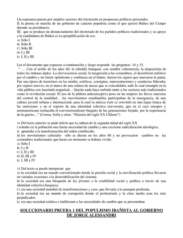 PRUEBA CON SOLUCION 3 MEDIO, Del Populismo Ibañista al Gobierno de Jorge Alessandri: 