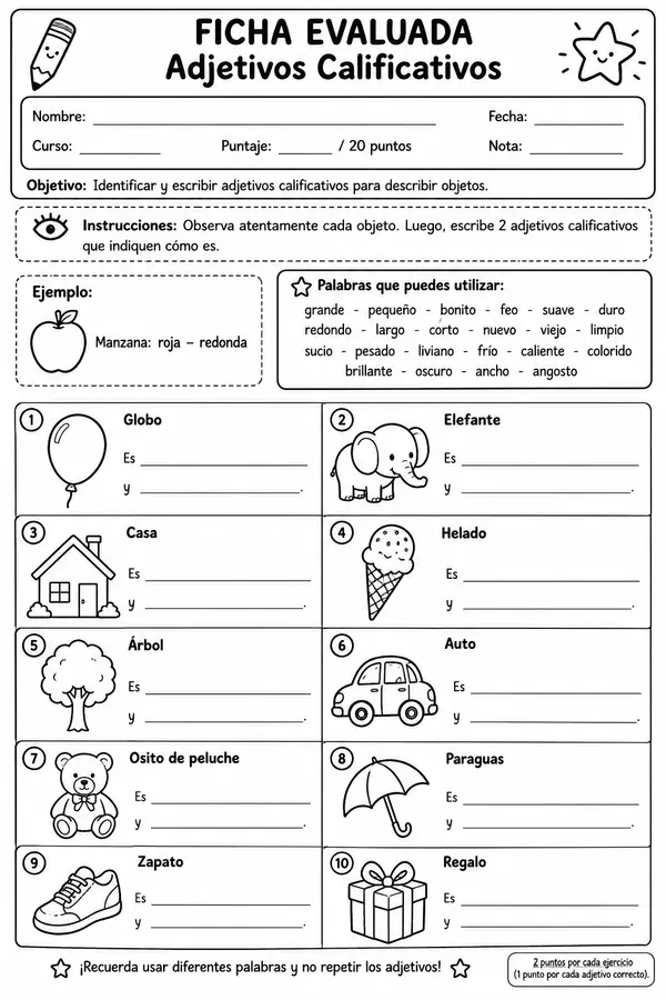 Ficha evaluada adjetivos calificativos 2º y 3º básico