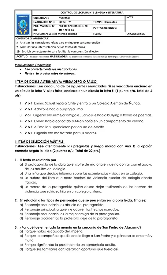 CONTROL DE LECTURA "UN SECRETO EN MI COLEGIO" 7° BÁSICO