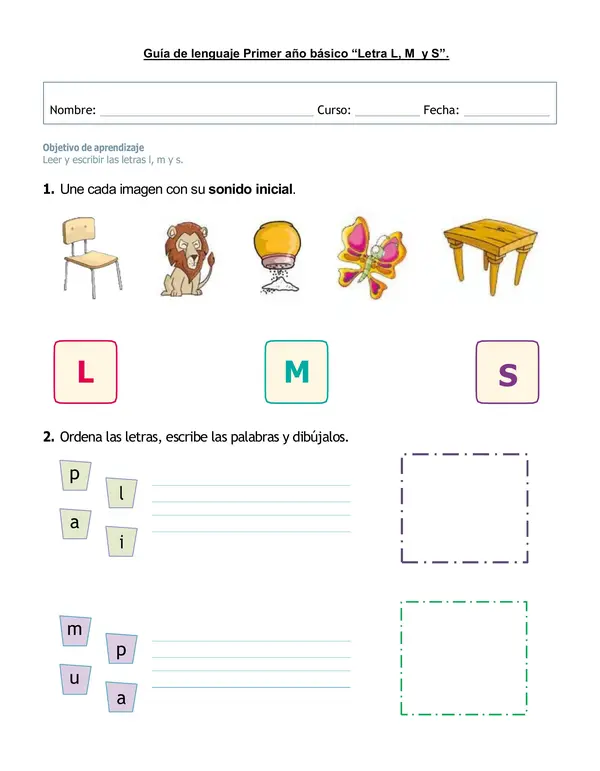 Guía de lenguaje, primer año básico "L, M y S".