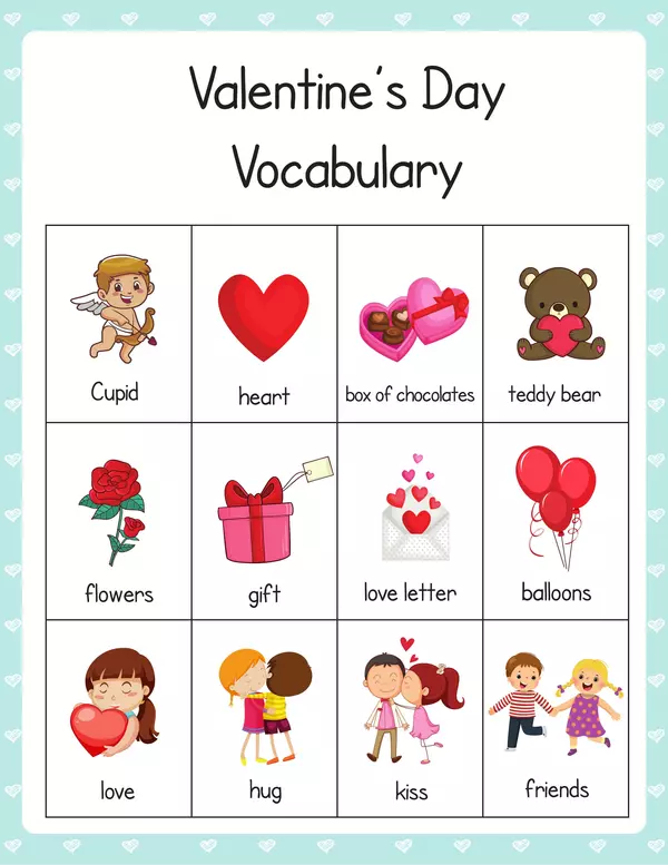 Valentine's Day Theme Vocabulary Words | Printable