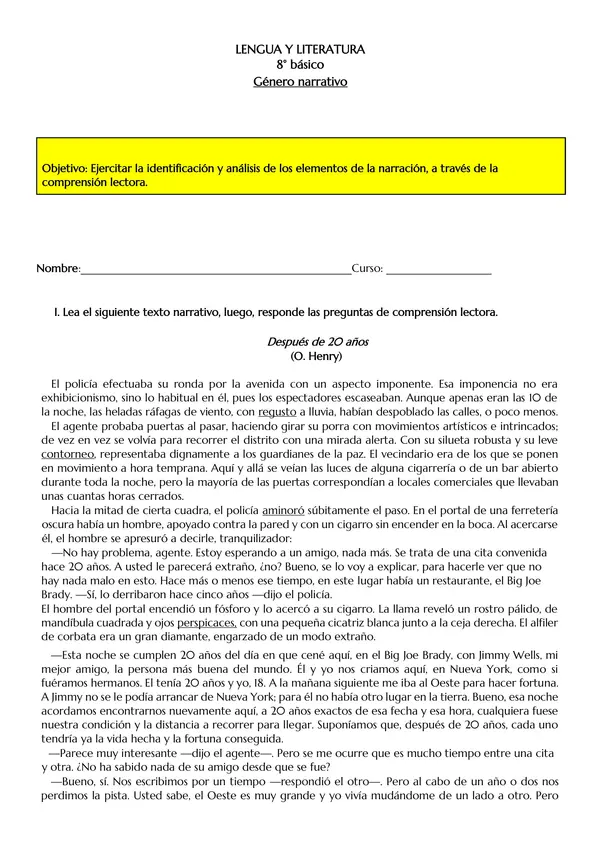 Guía de comprensión lectora texto narrativo + Pauta
