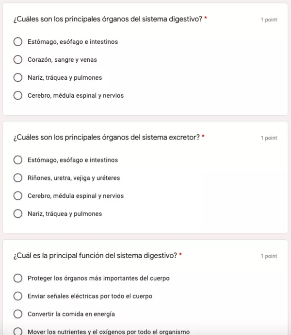 El sistema digestivo y excretor. Preguntas opción múltiple Google Forms