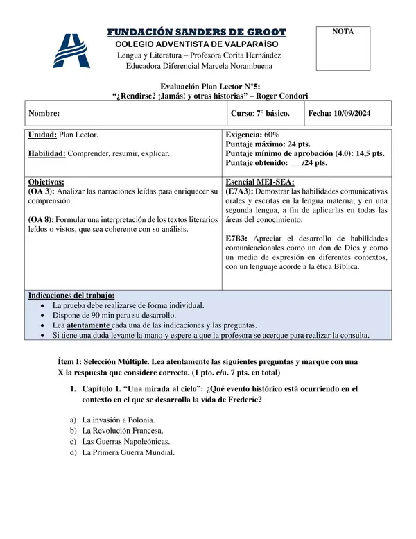 Evaluación de Plan Lector: “¿Rendirse? ¡Jamás! y otras historias” – Roger Condori