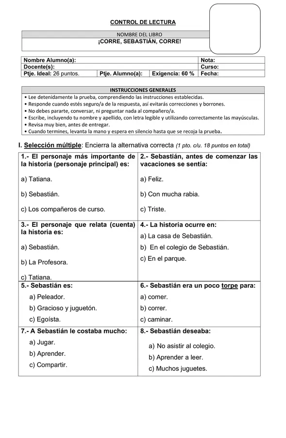Prueba del libro "Corre Sebastián corre" 