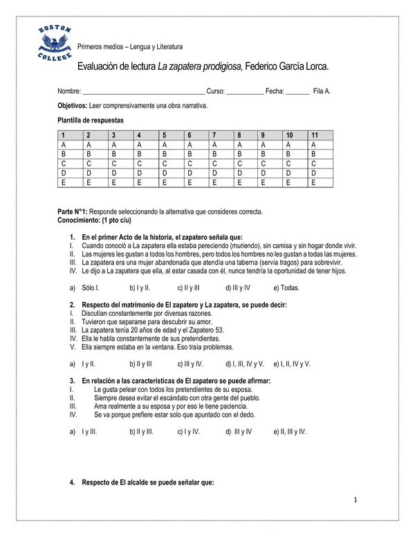 prueba "La zapatera prodigiosa" Federico García Lorca, 1°Medio. 