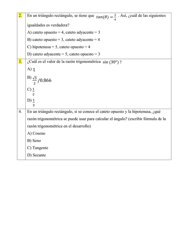 Evaluación trigonometría segundo medio