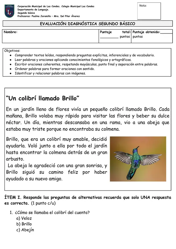 Evaluacion diagnóstica segundo básico lenguaje