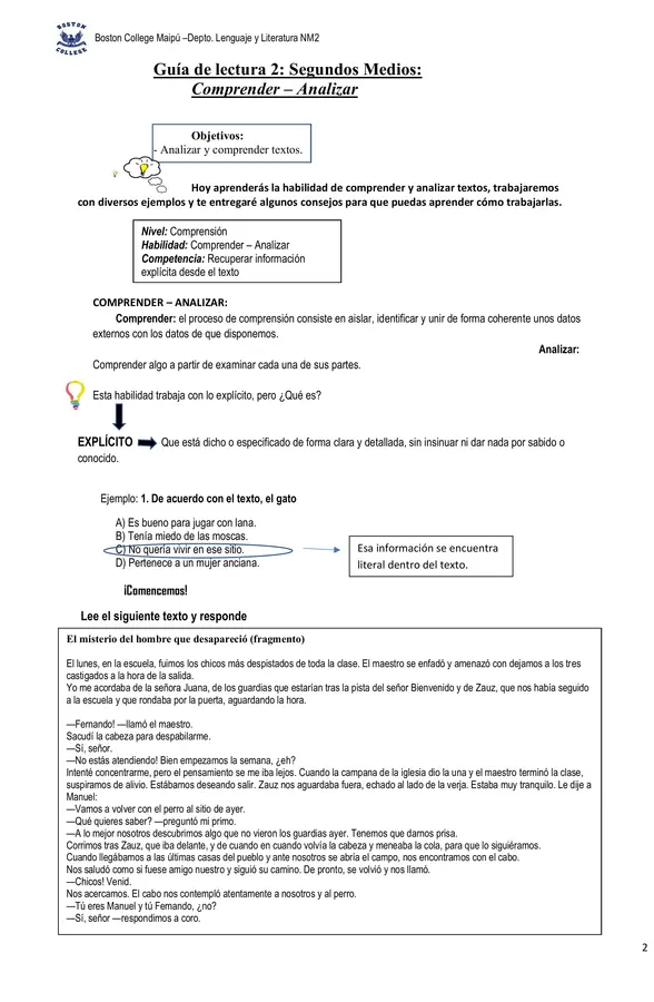 Guía comprensión lectora, segundo medio, habilidad comprender-analizar.