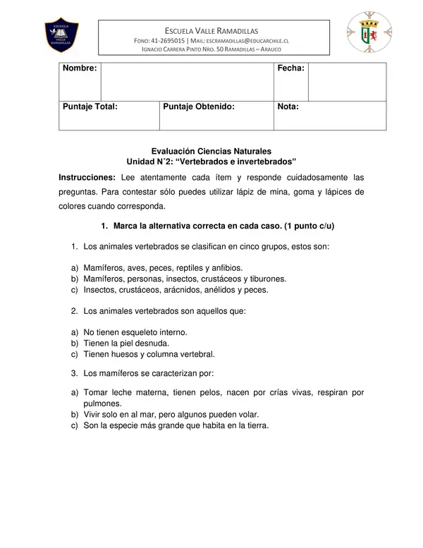 Evaluación Ciencias Naturales Vertebrados e invertebrados