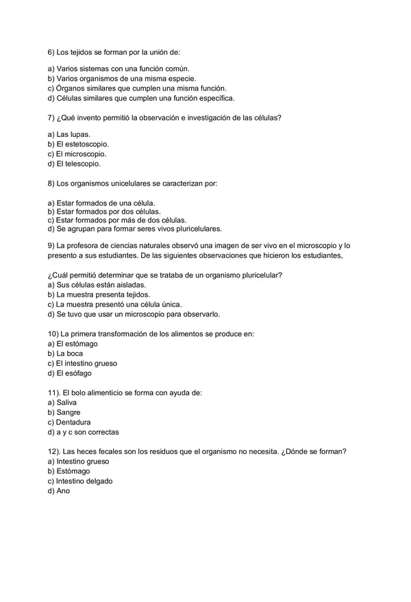 Evaluación niveles de organización celular y sistema digestivo 