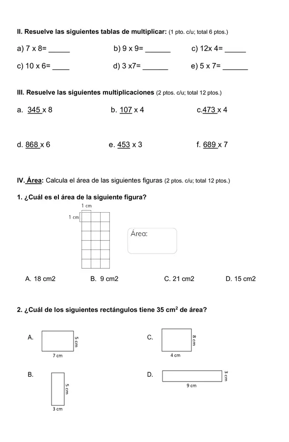 Prueba 4°año "Multiplicación, área y perímetro"