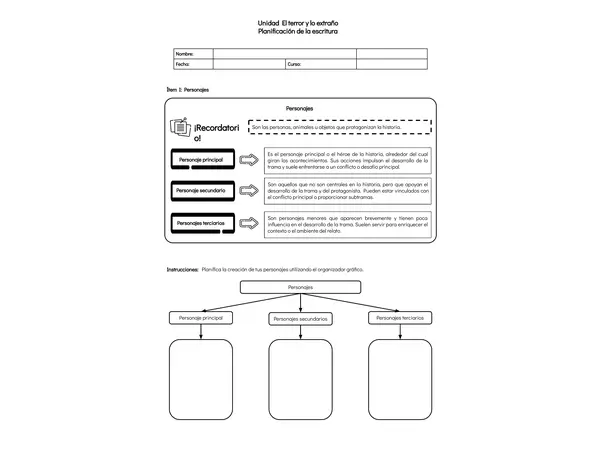 Guía de planificación y presentación de escritura de un texto de terror