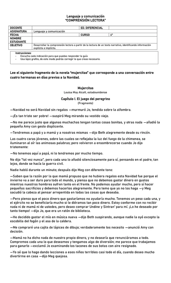 Comprensión lectora Novela