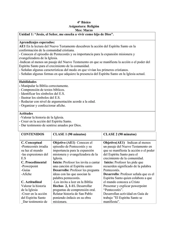 Planificación Clase a Clase: Marzo | Religión Católica Cuarto Básico