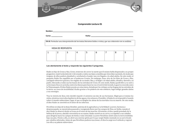 Comprensión de Lectura Segundo Medio 01