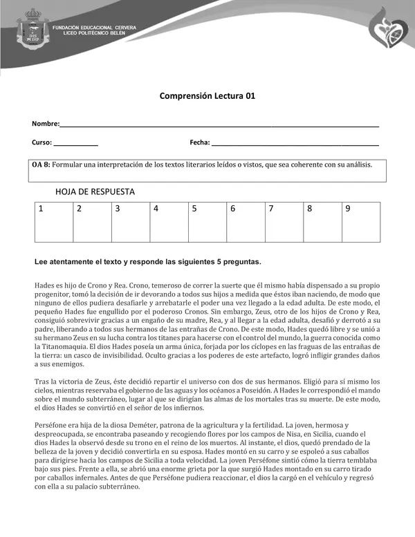 Comprensión de Lectura Segundo Medio 01