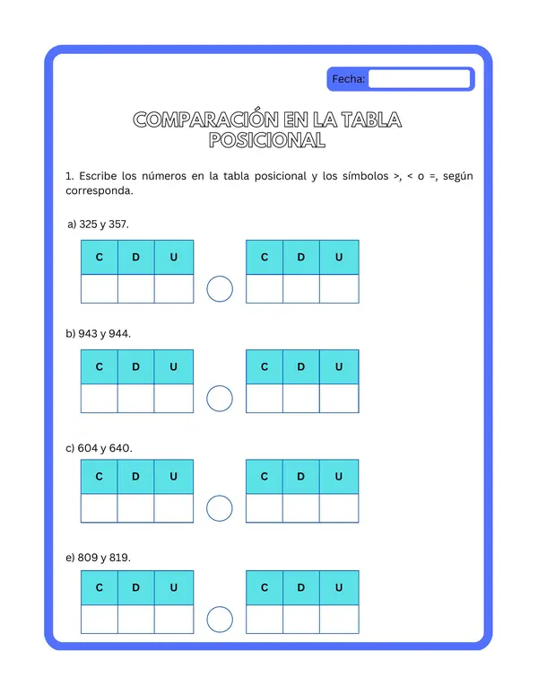 3° básico - Ficha de aprendizaje "Comparación en la tabla posicional"