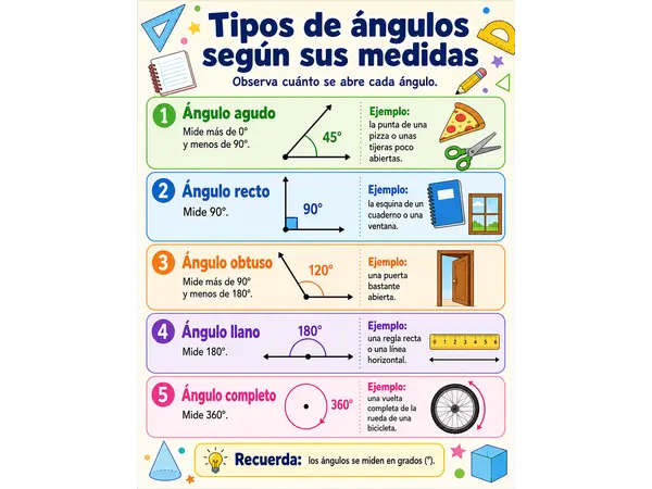 Cartel Educativo sobre Tipos de Ángulos según sus medidas